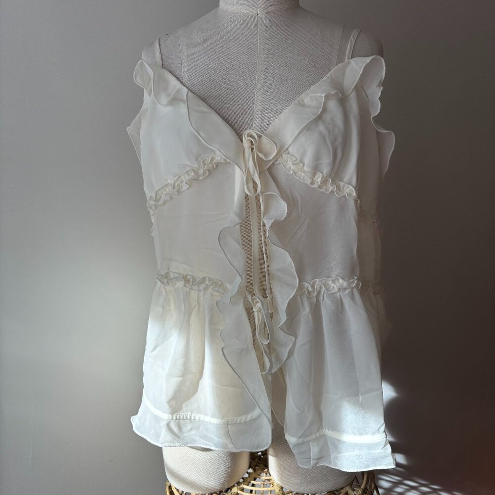 Sheer Tie Front Camisole | Cream Ruffled Tank Top NWT